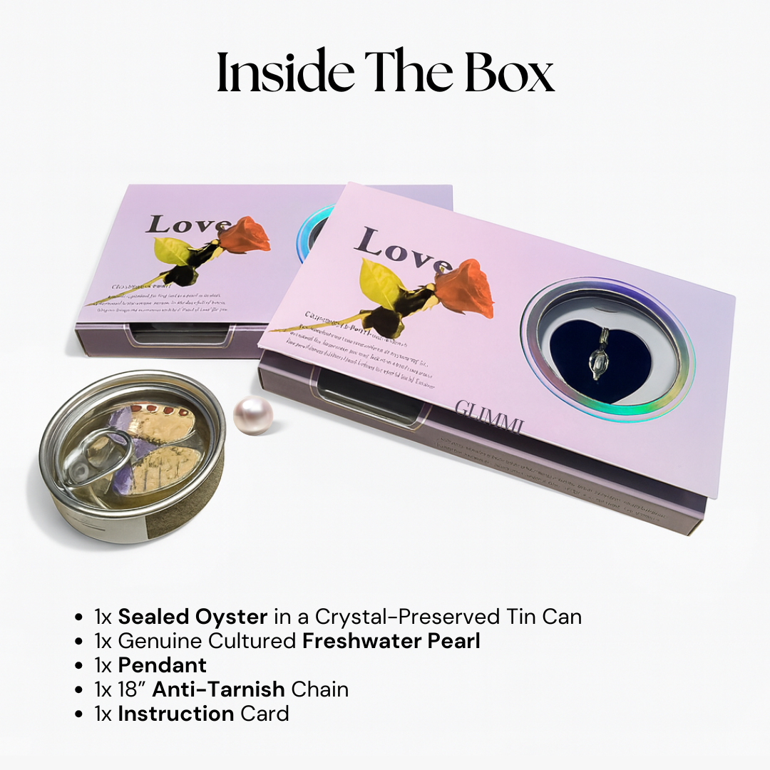 Glimmer jewelry packaging with oyster, pearl, and pendant on a white background