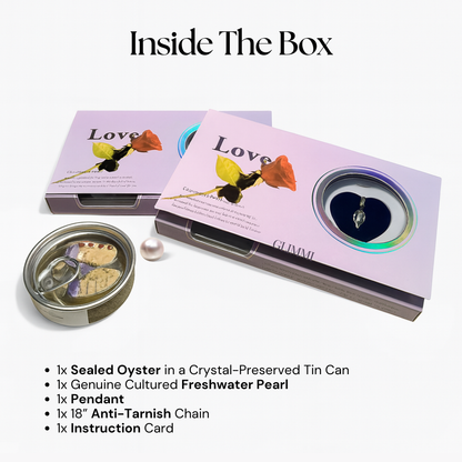 Glimmer jewelry packaging with oyster, pearl, and pendant on a white background