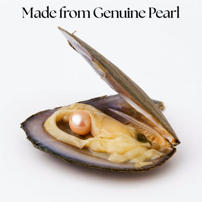 Open shell with a pearl inside on a white background, text 'Made from Genuine Pearl' above.