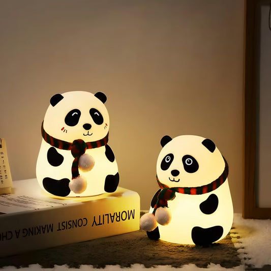 Set of two adorable panda night lights glowing softly, ideal for bedside tables or nursery decor