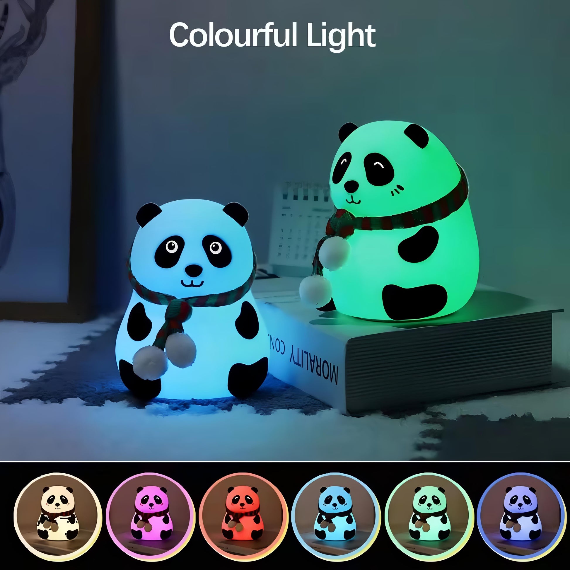 Color-changing silicone panda lamp showing multiple vibrant light modes for a magical nighttime vibe