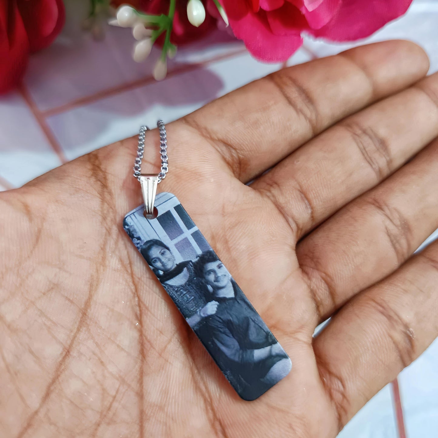 Personalized UV Laser Printed Necklace - Silver Colour - Black and White Print