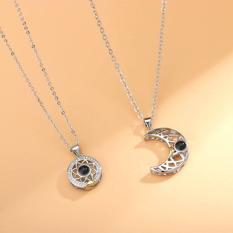 100 Language I ♥️ U Projection Sun & Moon Couple Necklace